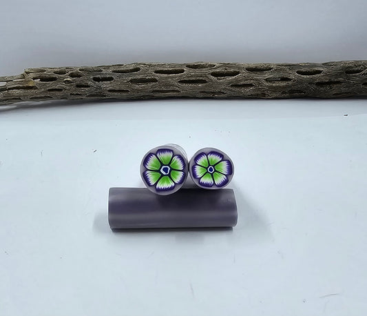 Polymer Clay "Raw Cane" Purple and Green Flower- Approx 2 inches by 1/2 inch