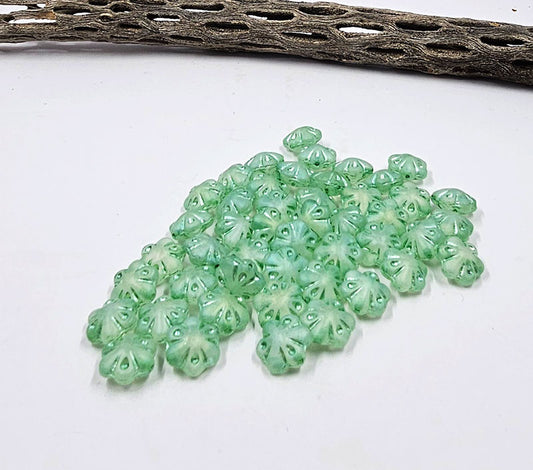 Czech Glass Beads -Folklore Flower Beads 11x11- Mint Green with a Metallic Green Wash Pkg of 10