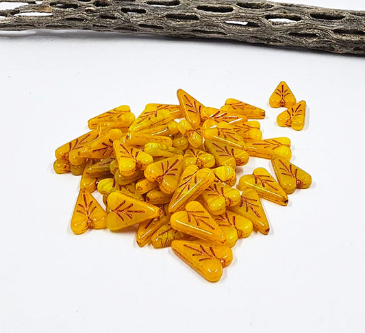 Czech Glass Beads "Heart Leaf" 16x11-Dark Yellow with Orange Wash Pkg of 10