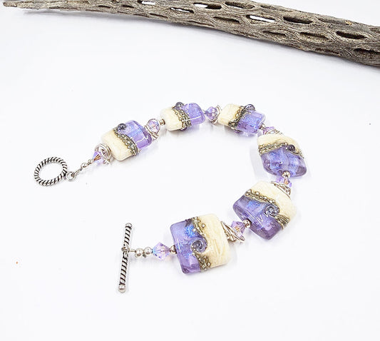 Lampwork Glass Bead Bracelet-Lavender Nuggets with Dichroic Glass and Fine Silver
