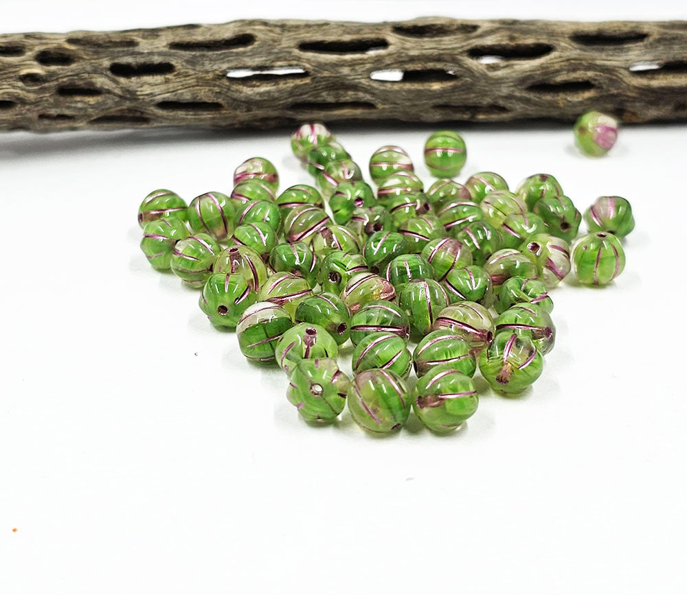 Czech Glass Beads "Melon" Green with a rose wash 8mm Pkg of 10