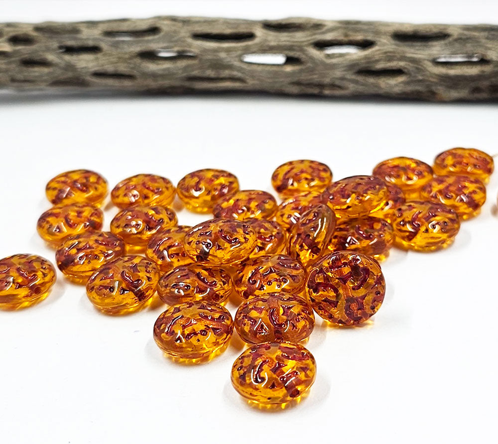 Czech Glass Beads - Button Beads - Brocade Coin Beads - Vintage Style - Czech Beads - Puff Lentil Beads - 14mm - 4pcs