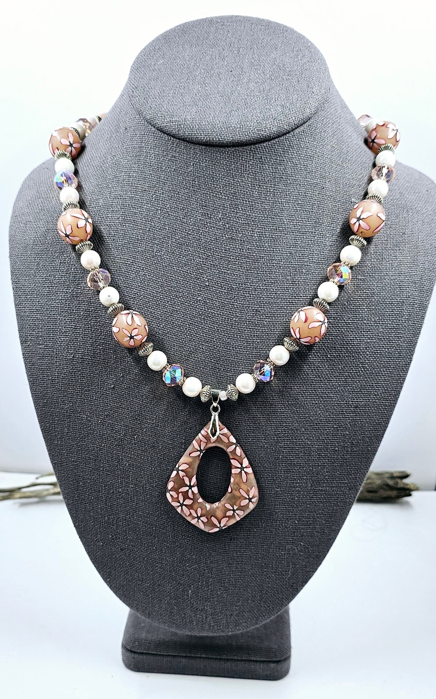 Handmade Polymer Clay Necklace Pink Floral