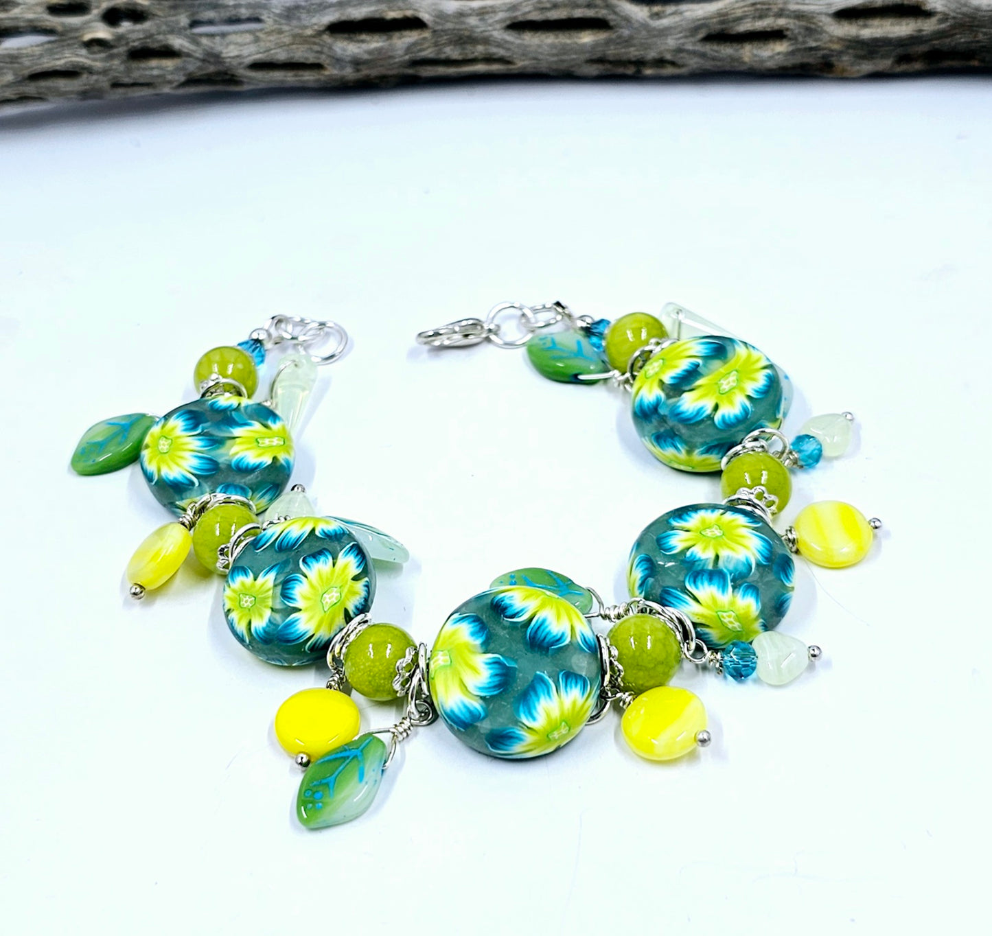 Polymer Clay "Blue and Green flowers Bracelet