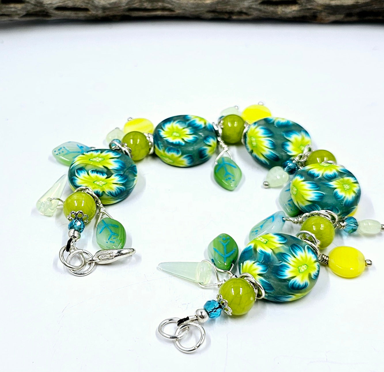 Polymer Clay "Blue and Green flowers Bracelet