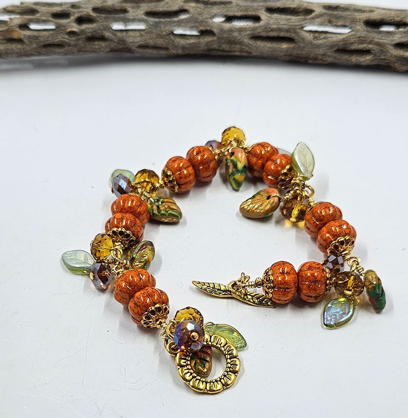 Fall Bracelet-Czech pumpkins and leaves