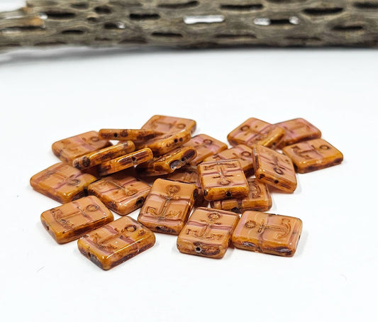 Czech Glass Beads -Square  Table Cut Rectangle Anchor Beads Pink Brown Picasso Finish  15x12 pkg of 4