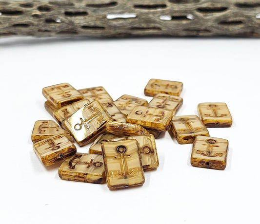 Czech Glass Beads -Square  Table Cut Rectangle Anchor BeadsTan-Taupe Picasso Finish  15x12 pkg of 4