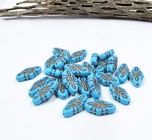 Czech Arabescue Beads 19mm Matte Sky blue with a Metallic Wash Pkg of 6