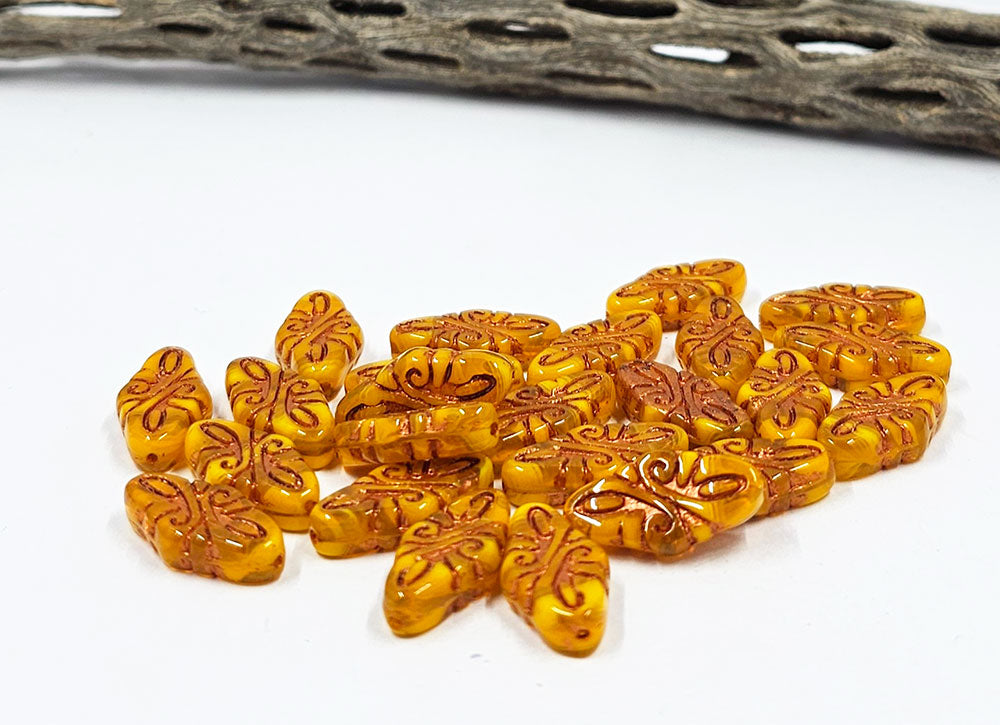 Czech Arabescue Beads 19mm yellow with a Copper Wash Pkg of 6