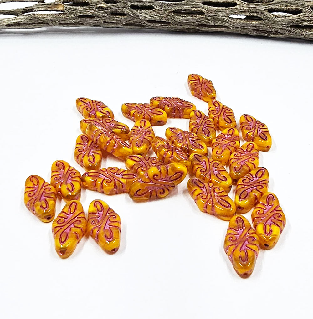 Czech Arabescue Beads 19mm Orange/Yellow with a Rose Wash Pkg of 6