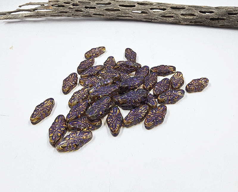 Czech Arabescue Beads 19mm Clear with Purple Metallic Wash Pkg of 6