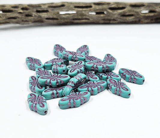 Czech Arabescue Beads 19mm Turquoise with Rose Wash Pkg of 6