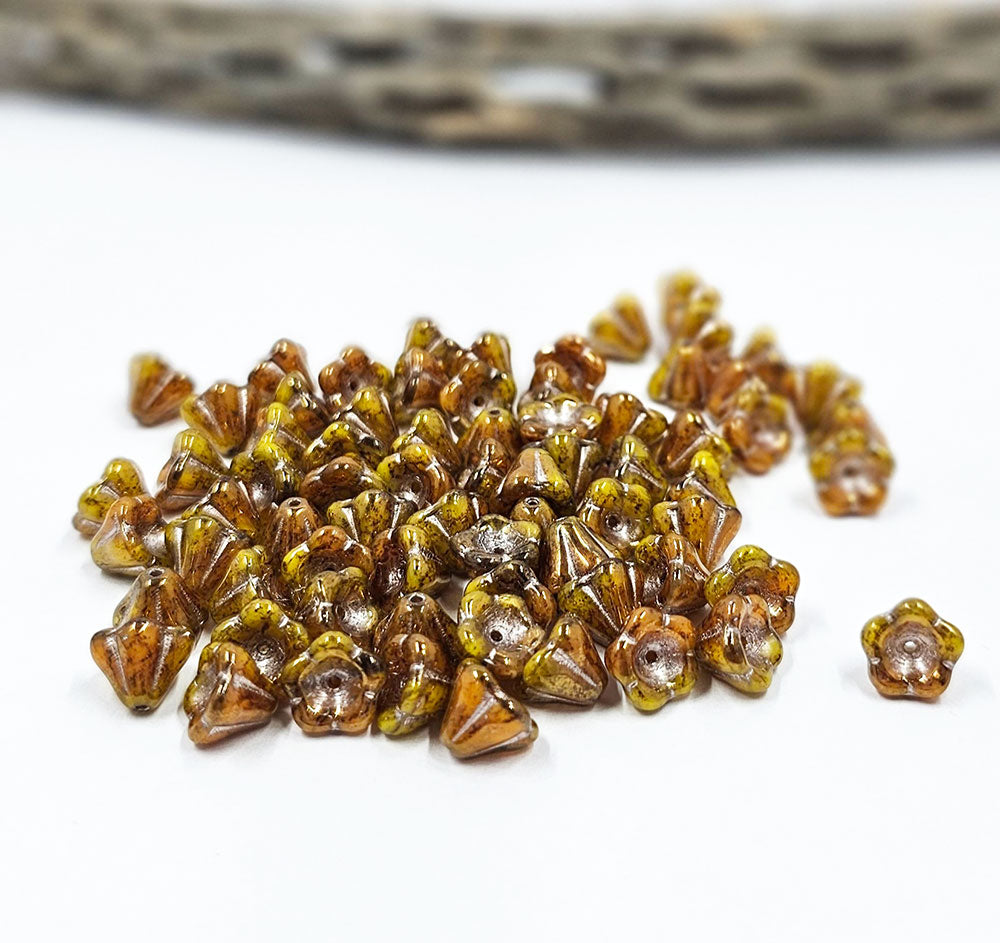 Czech Bellflower beads  06x08 Yellow /Orange with a gold luster and a Silver Wash pkg of 20