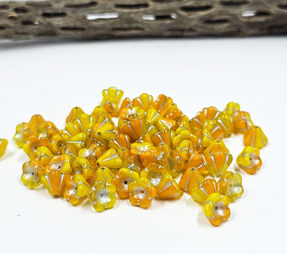 Czech Bellflower beads  06x08 Yellow /Orange with a Silver Wash pkg of 20