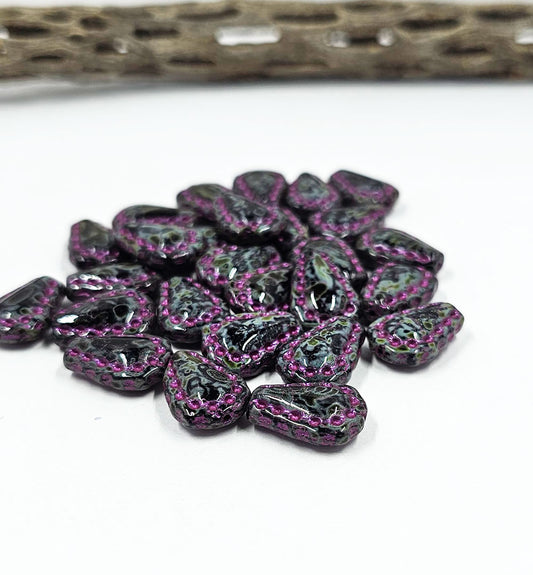 Czech Lacy Teardrop Beads 17x12 Black-Grey/ Rose Wash