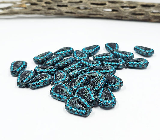 Czech Lacy Teardrop Beads 17x12 Black-with a Metallic Blue Wash