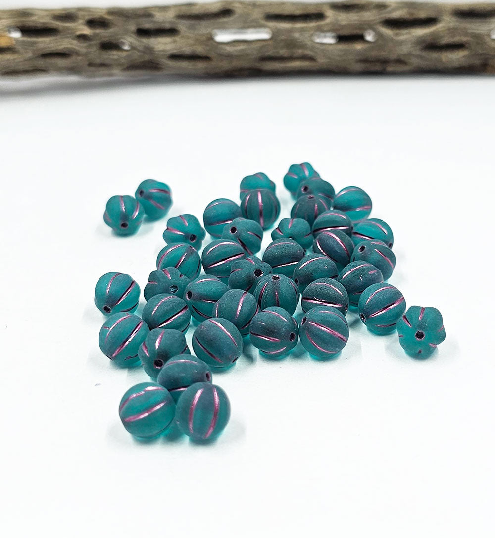 Czech Glass Beads "Melon" Matte Aqua Blue with a Rose wash 8mm  Pkg of 10