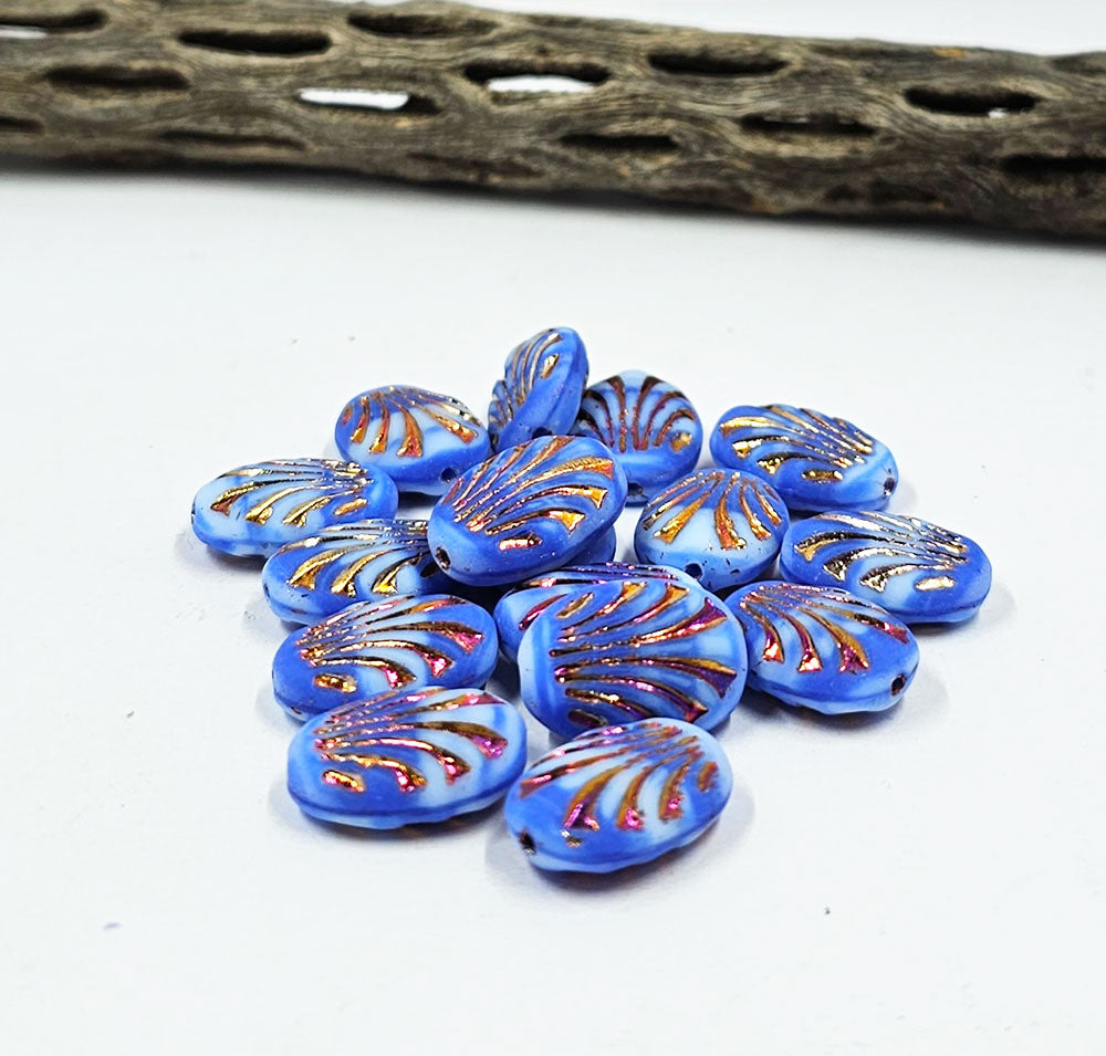 Czech Glass Beads "Oval with Lines" Shape 17x12mm Pkg of 6 Shades of blue with Iridescent Wash