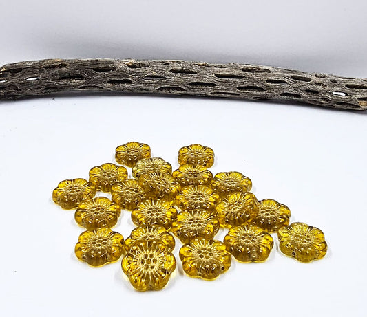 Czech Glass Beads "Boho Flowers" Shape 18x18 Pkg of 4 Gold with Gold Wash