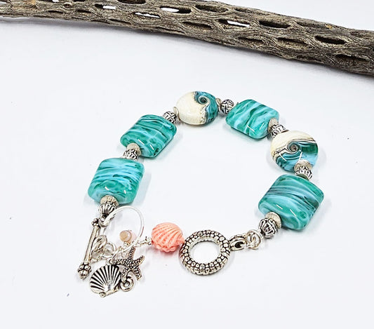 Lampwork Glass Bead Bracelet-Caribbean Beach. Nuggets and Lentils