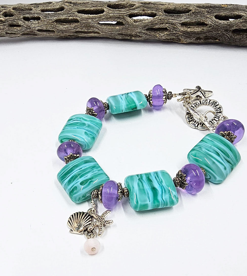 Lampwork Glass Bead Bracelet-Caribbean Beach 2 Nuggets and rondelles