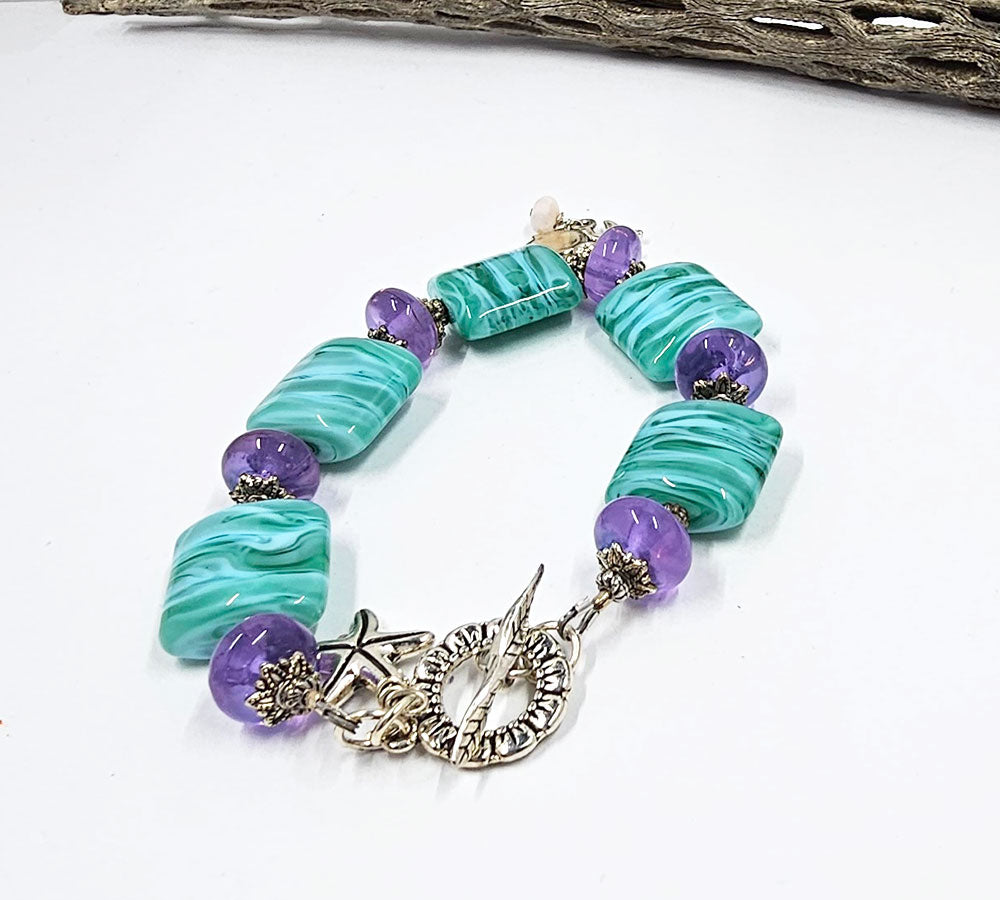 Lampwork Glass Bead Bracelet-Caribbean Beach 2 Nuggets and rondelles