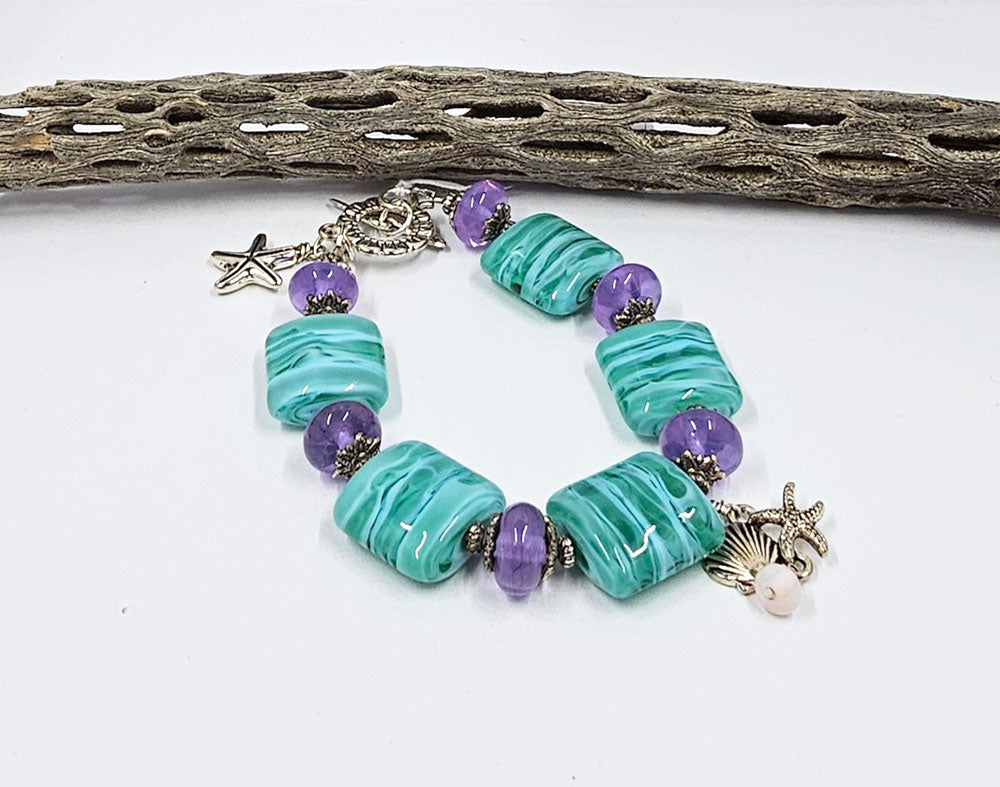 Lampwork Glass Bead Bracelet-Caribbean Beach 2 Nuggets and rondelles