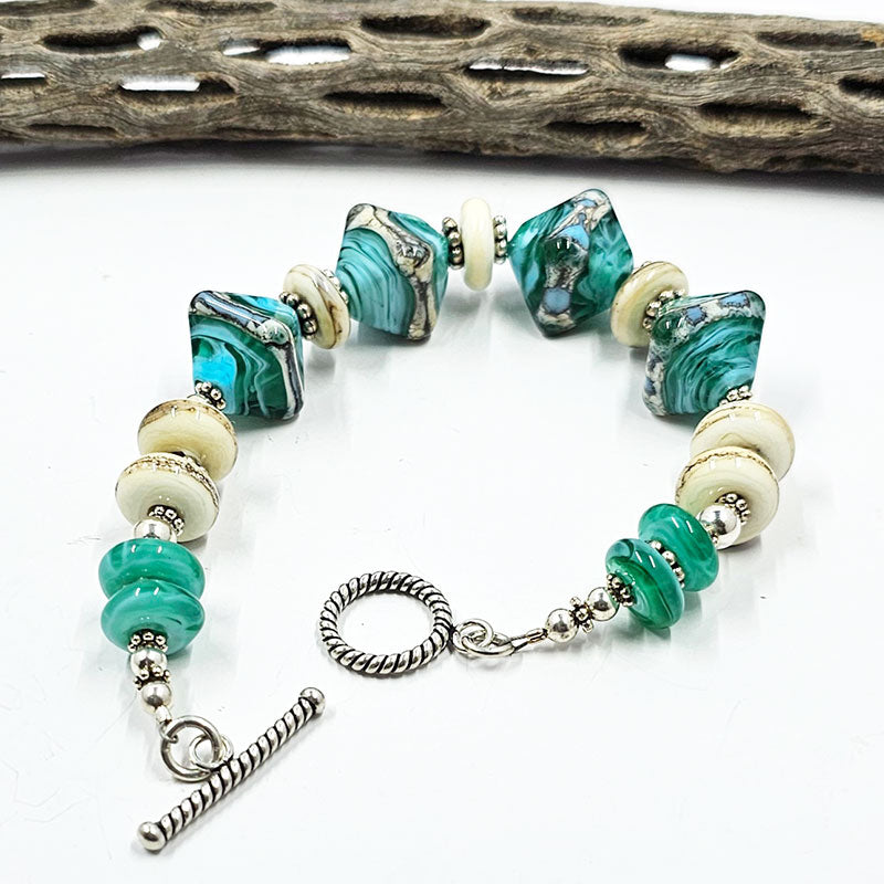 Lampwork Glass Bead Bracelet-Caribbean Seas (Crystal Shaped)