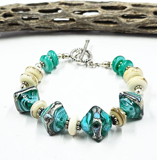 Lampwork Glass Bead Bracelet-Caribbean Seas (Crystal Shaped)