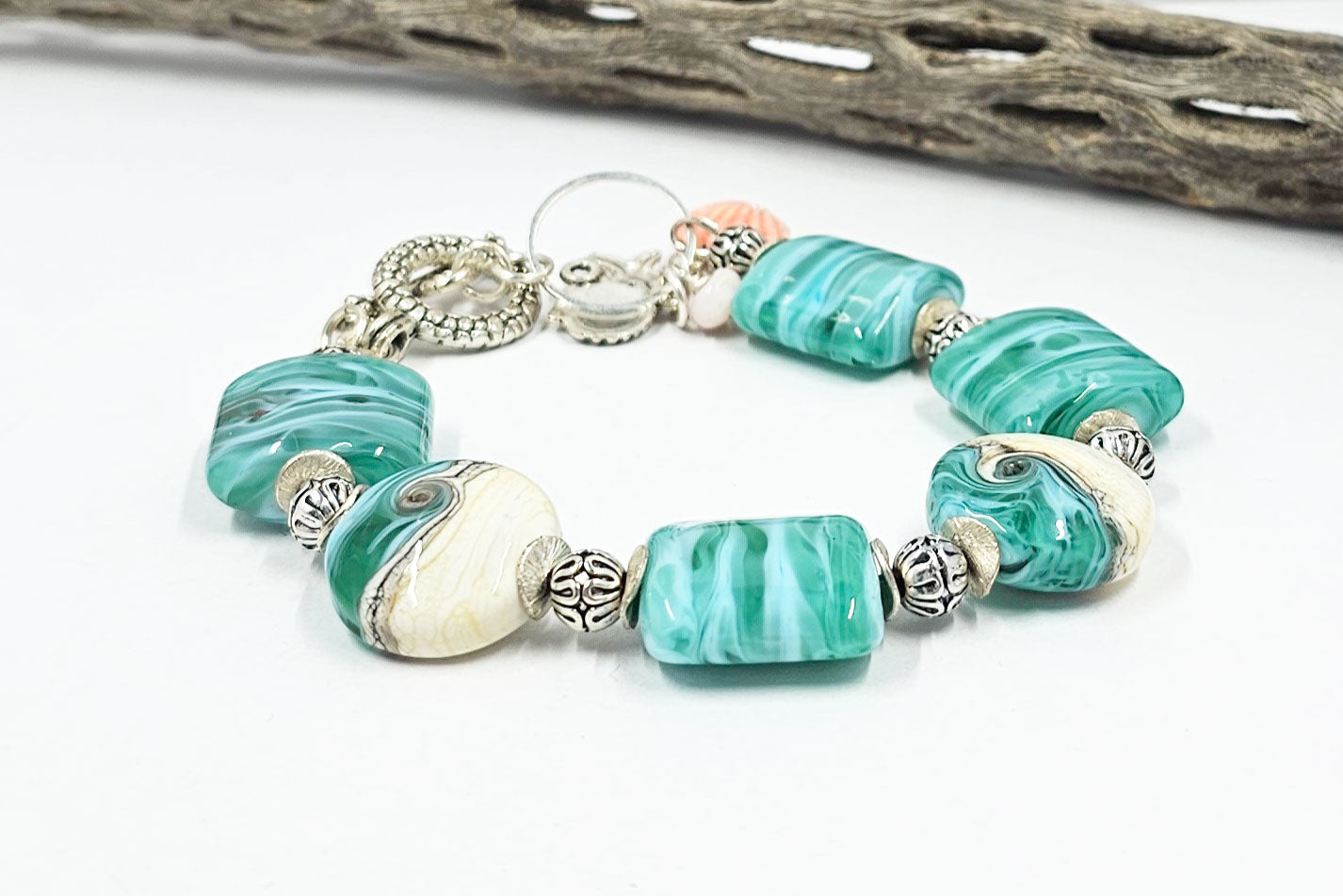 Lampwork Glass Bead Bracelet-Caribbean Beach. Nuggets and Lentils