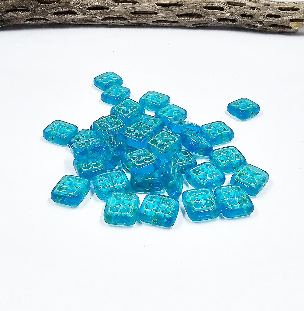 Czech Glass Beads "Ornamental Cusion Beads" 11x12-Aqua blue with lime wash Pkg of 10