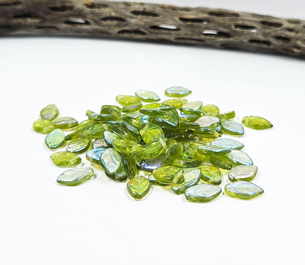 Czech Glass Beads - Cherry Leaves 07x12mm Transparent Light Green AB Finish Pkg of 16