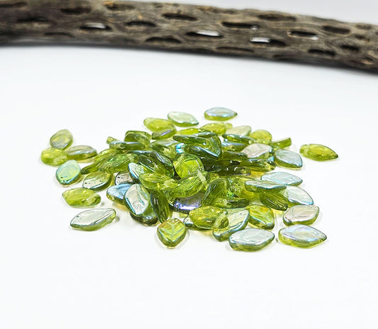 Czech Glass Beads - Cherry Leaves 07x12mm Transparent Light Green AB Finish Pkg of 16