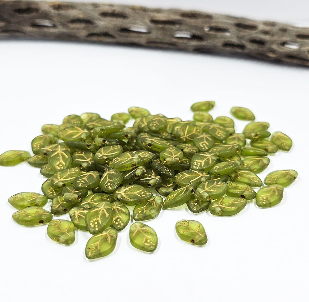 Czech Glass Beads - Cherry Leaves 07x12mm Olive Green with a Gold Wash Pkg of 16