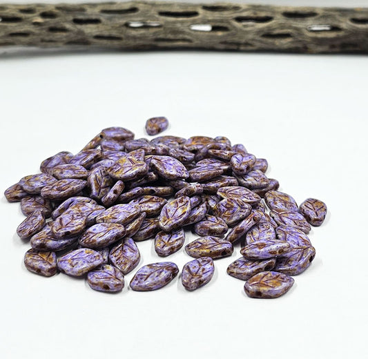 Czech Glass Beads - Cherry Leaves 07x12mm Lavender with Purple Wash Picasso Finish Pkg of 16