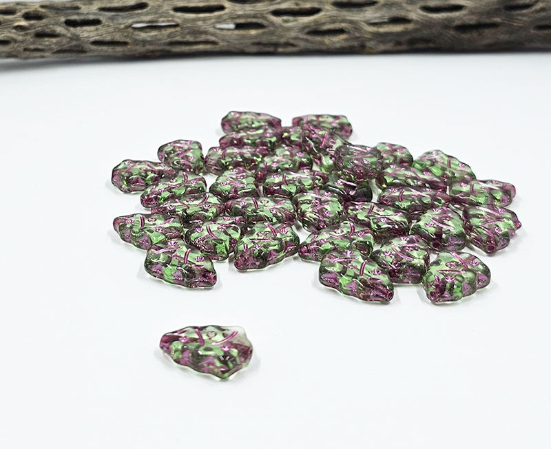 Czech Glass Beads -17x12mm- Christmas tree beads Transparent Green with Rose Wash Pkg of 10