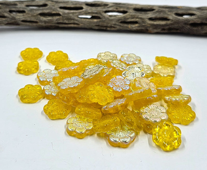 Czech Glass Beads "Boho Flowers" Shape Lemon Yellow AB Finish  14x14 Pkg of 6