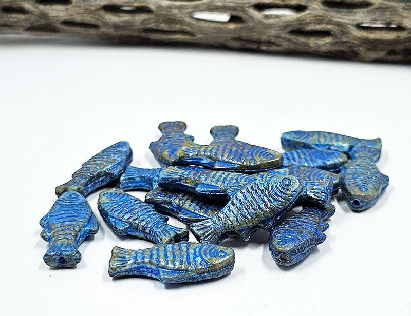 Czech Glass Beads -  Trout Fish Beads Slight Rainbow with a Blue Wash pkg of 4