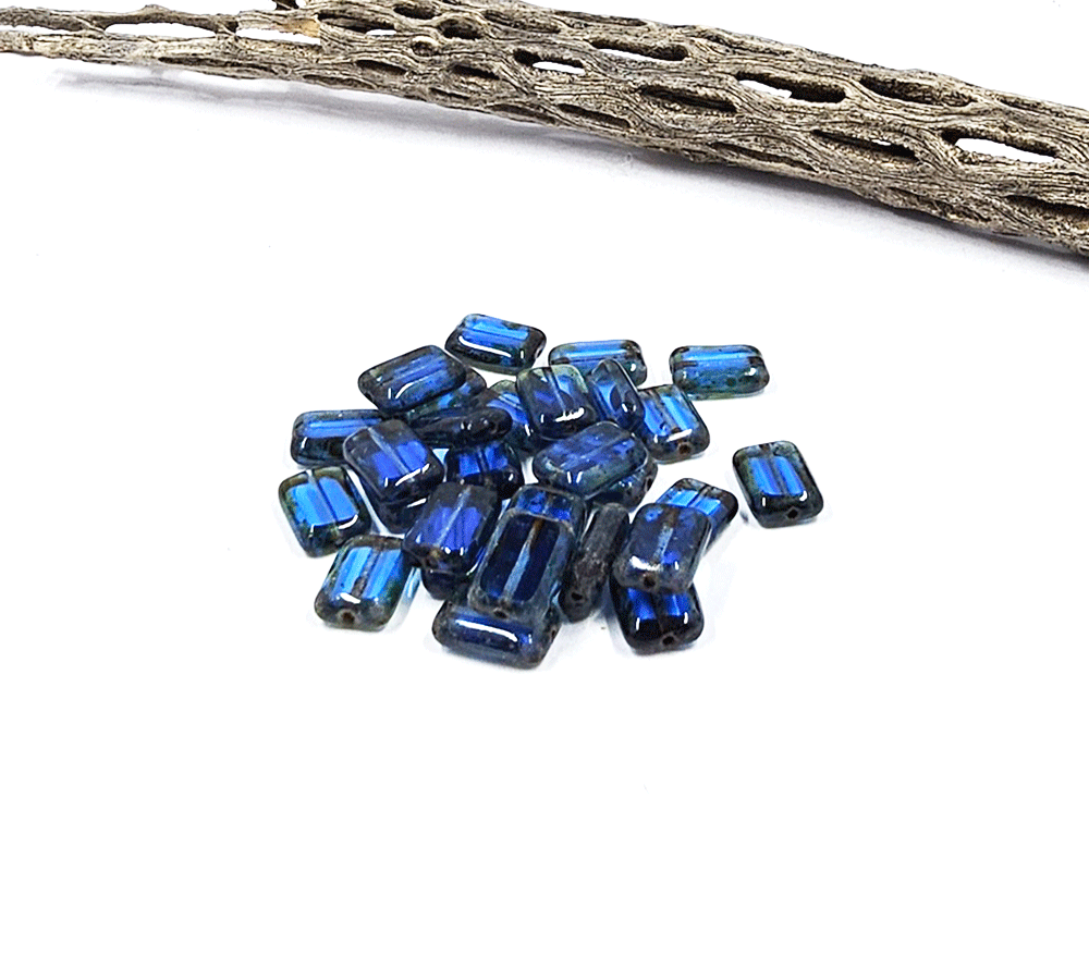 Czech Table Cut Rectangle Beads  Sapphire Blue with Picasso Finish12x8mm pkg of 10