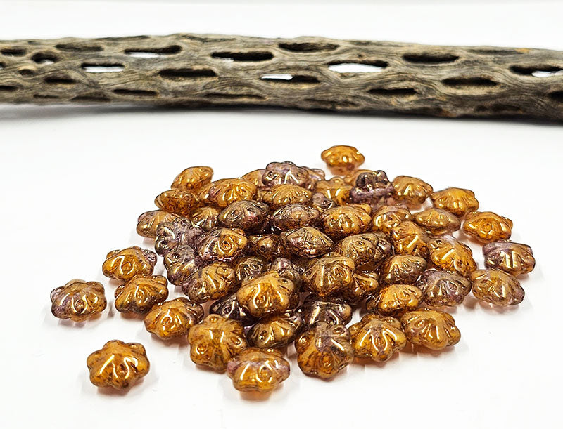 Czech Glass Beads -Folklore Flower Beads 11x11 Orange with Metallic Bronze Wash Pkg of 10