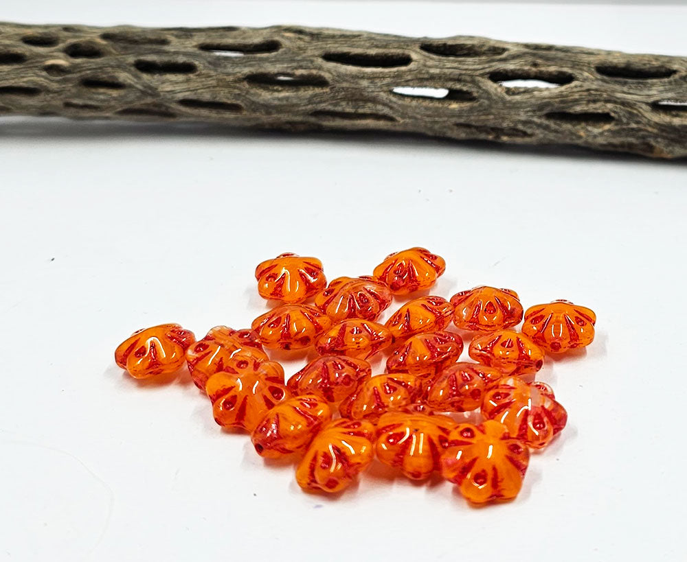 Czech Glass Beads -Folklore Flower Beads 11x11 Orange with a Ligh Red Wash Pkg of 10