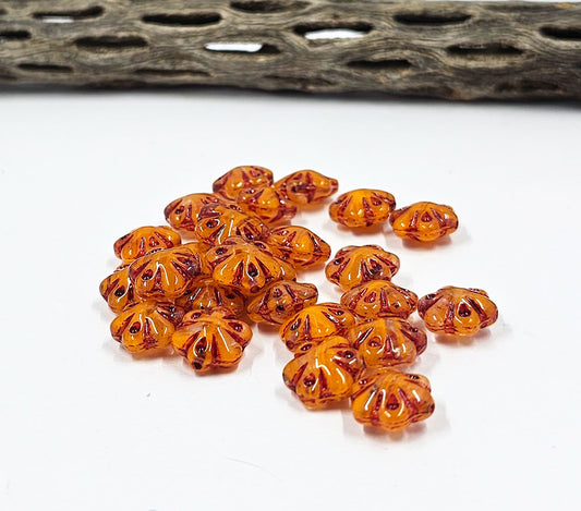 Czech Glass Beads -Folklore Flower Beads 11x11 Orange with a Dark Red Wash Pkg of 10