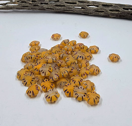 Czech Glass Beads -Folklore (Puffy) Flower Beads 11x11 Matte Yellow with a Metallic Wash Pkg of 10