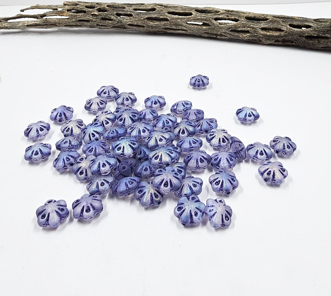 Czech Glass Beads -Folklore Flower Beads 11x11 Matte Translucent with a Purple Wash Pkg of 10