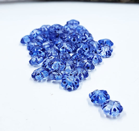 Czech Glass Beads -Folklore (Puffy) Flower Beads 11x11 transparent Clear with a Blue Wash Pkg of 10