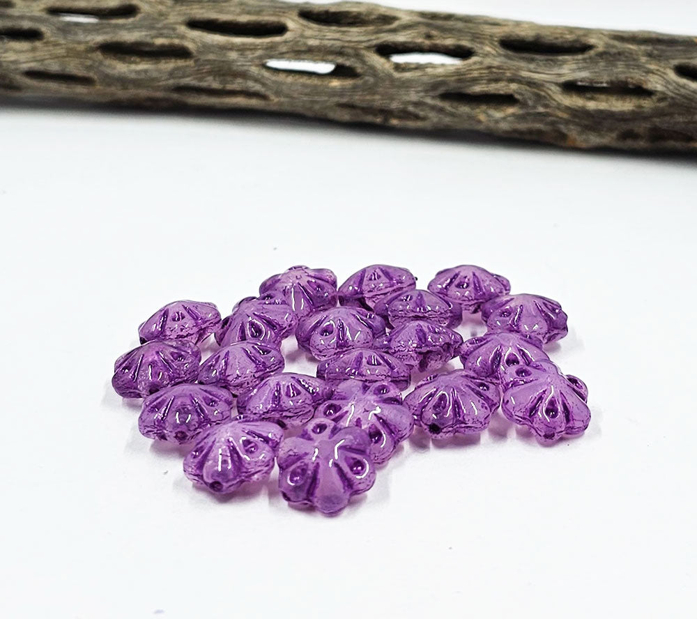 Czech Glass Beads -Folklore Flower Beads 11x11 Matte Purple with a Purple Wash Pkg of 10