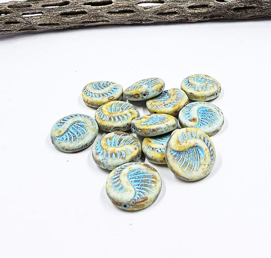 Czech Glass Fossil Bead 19x19-Ivory-Picasso Finish- Turquoise Wash pkg of 2