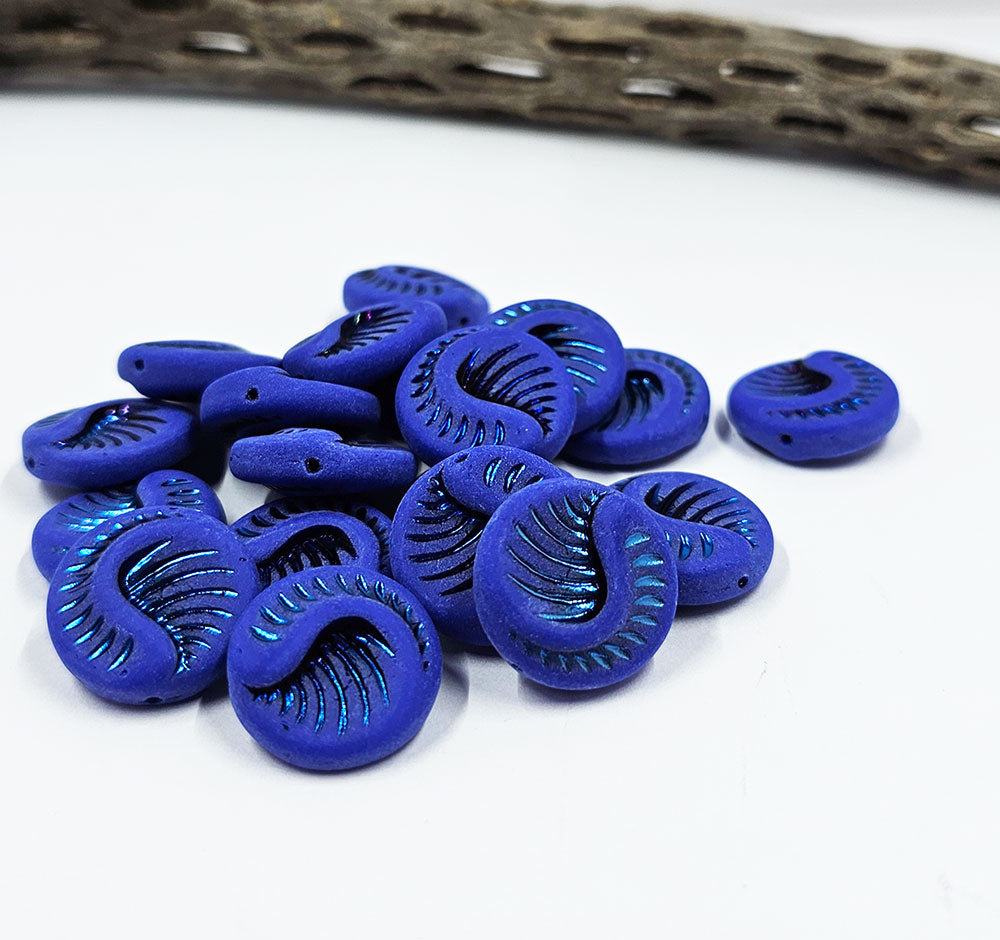 Czech Glass Fossil Bead 19x19 Matte Blue with an Metallic Blue wash pkg of 2