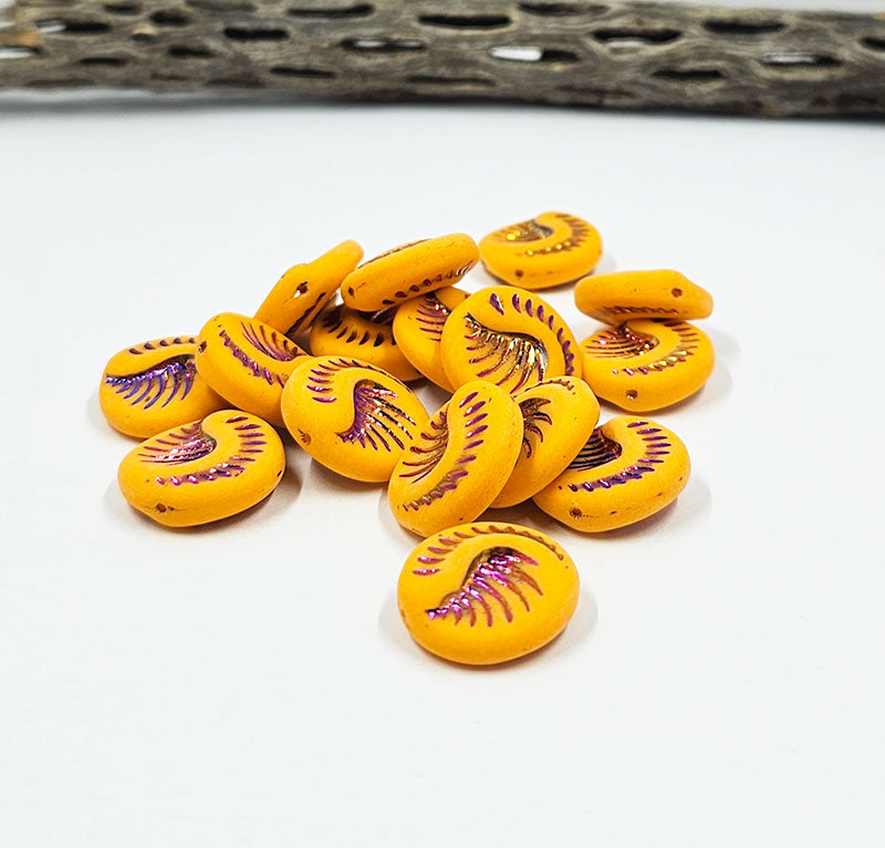 Czech Glass Fossil Bead 19x19 Orange with Metallic  wash  Pkg of 2